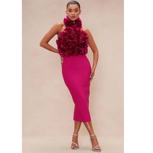 Rosy bandage dress with floral halter design and bodycon fit.