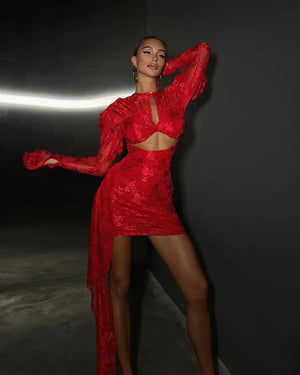 Turn heads and steal the spotlight with this High Quality Red White Women Long Sleeve Sexy Lace Dress. The bodycon fit and draped design hug your curves in all the r