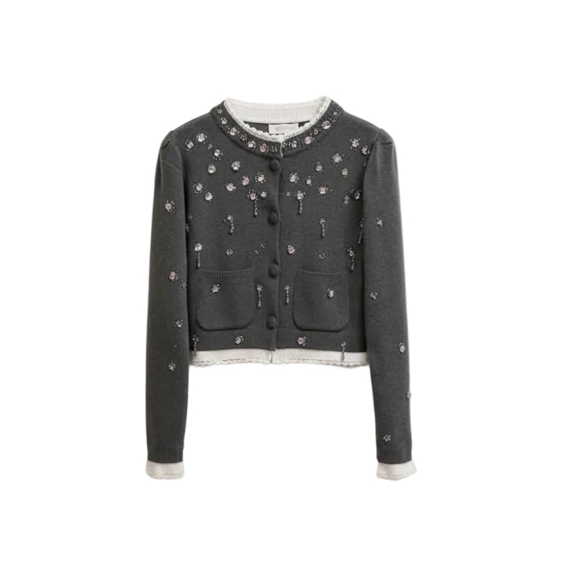 Dark gray embroidered jacket on a wooden hanger against a neutral background