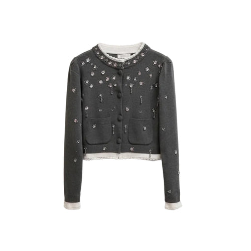 Dark gray embroidered jacket on a wooden hanger against a neutral background