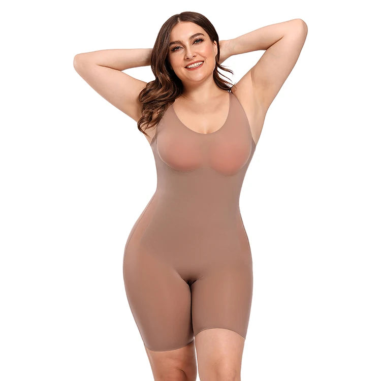 Woman wearing a brown bodysuit on a white background