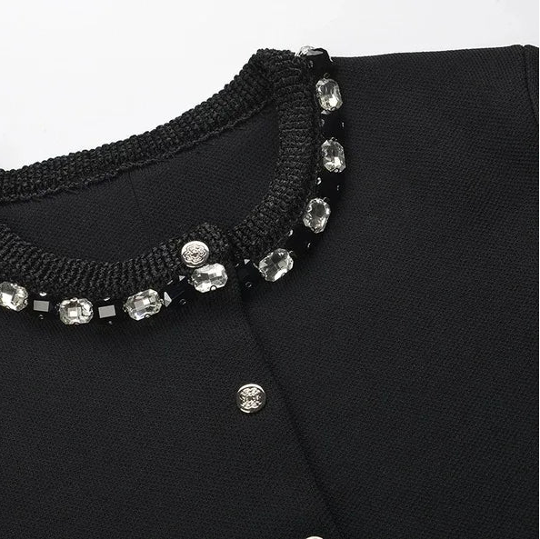 Black collar with crystal embellishments on a black garment against a white background