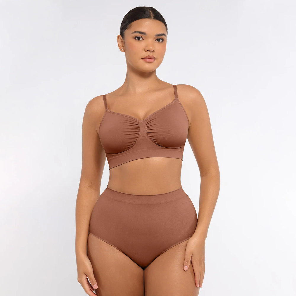 Woman wearing a brown bikini set on a white background