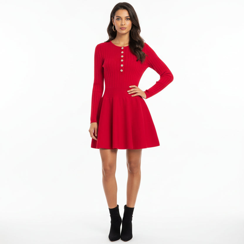 Red dress with long sleeves and button details on a white background