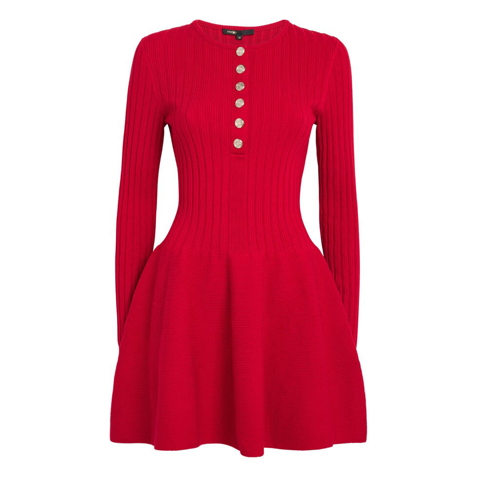 Red dress with long sleeves and button details on a white background