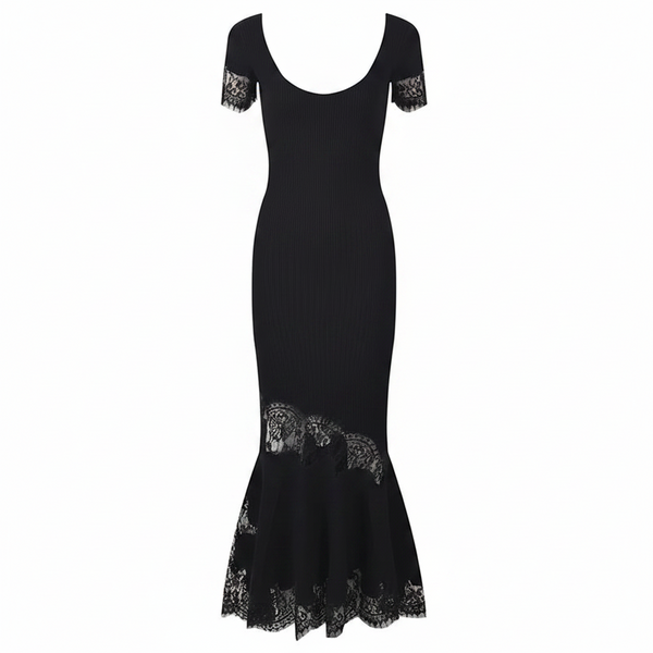 A black off-the-shoulder maxi dress with a fitted bodice, short sleeves, and a flared mermaid-style hem, featuring black lace trim at the neckline, sleeve cuffs, and hem, shown against a plain white background.