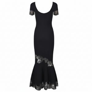 A black off-the-shoulder maxi dress with lace trim at the sleeves and hem, shown on a plain white background.