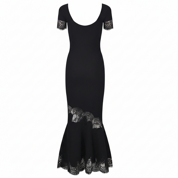 A black off-the-shoulder maxi dress with lace trim at the sleeves and hem, shown on a plain white background.